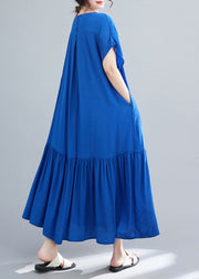 Chic Blue Oversized Patchwork Wrinkled Cotton Robe Dresses Summer