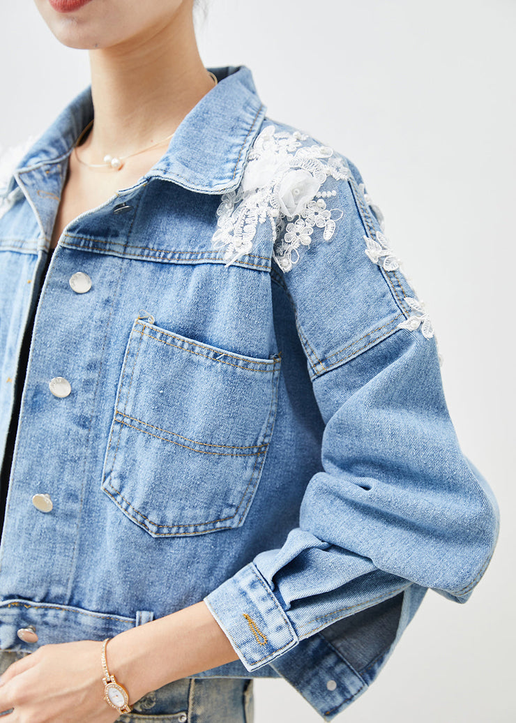 Chic Blue Oversized Stereoscopic Floral Denim Coat Fall