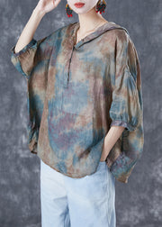 Chic Blue Oversized Tie Dye Linen Shirt Tops Bracelet Sleeve