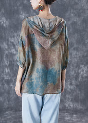 Chic Blue Oversized Tie Dye Linen Shirt Tops Bracelet Sleeve