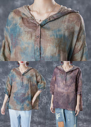 Chic Blue Oversized Tie Dye Linen Shirt Tops Bracelet Sleeve