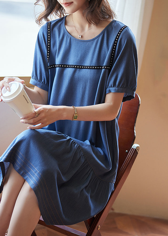 Chic Blue Patchwork Rivet Holiday Long Dress Summer