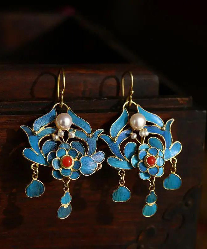 Chic Blue Pearl Tassel Cloisonne Hoop Earrings