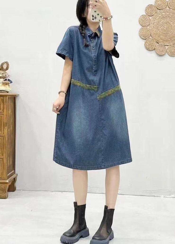 Chic Blue Peter Pan Collar Patchwork Denim Dress Summer