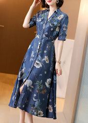 Chic Blue Peter Pan Collar Print Button Sashes Denim Long Dress Short Sleeve