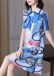 Chic Blue Peter Pan Collar Print Button Wrinkled Shirt Dress Short Sleeve