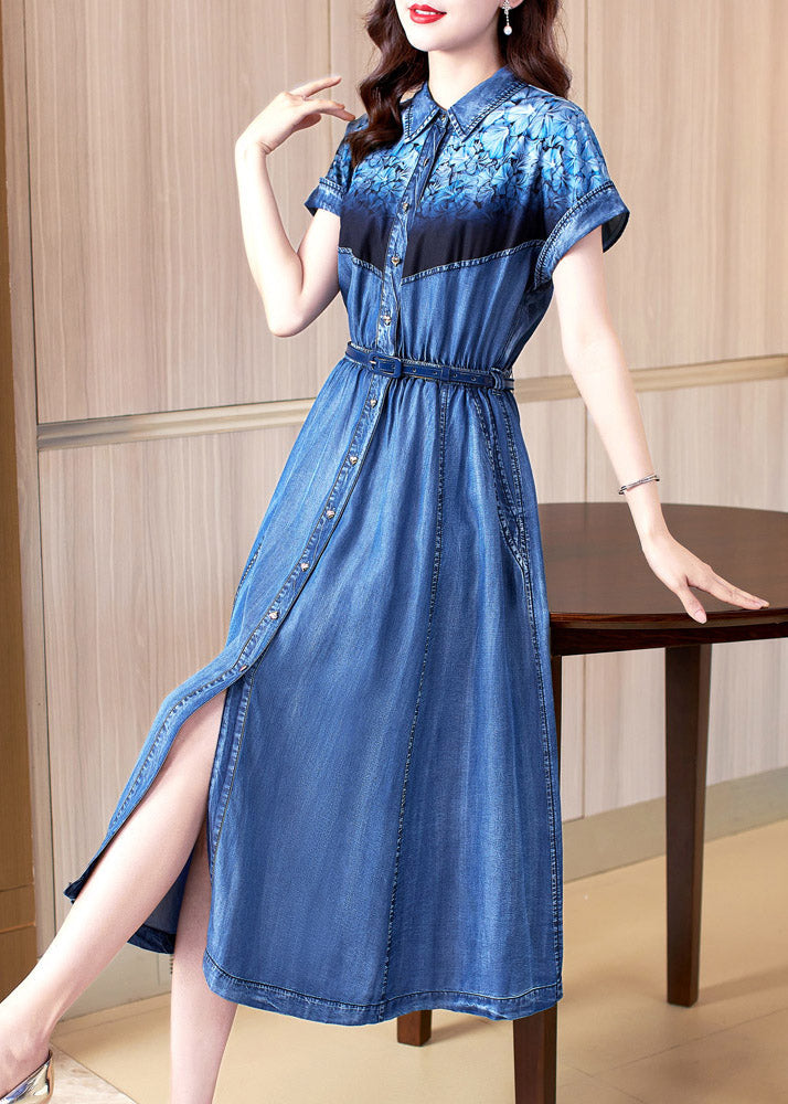 Chic Blue Peter Pan Collar Print Patchwork Button Sashes Cotton Vacation Denim Long Dresses Summer