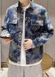 Chic Blue Peter Pan Collar Print Pockets Denim Mens Coats Fall