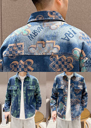 Chic Blue Peter Pan Collar Print Pockets Denim Mens Coats Fall