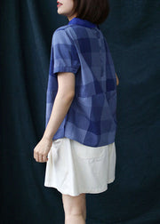 Chic Blue Plaid Peter Pan Collar Patchwork Linen Shirt Tops Summer