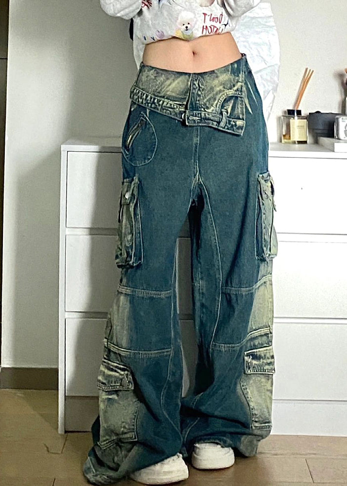 Chic Blue Pockets Patchwork Denim Fall Pants High Waist