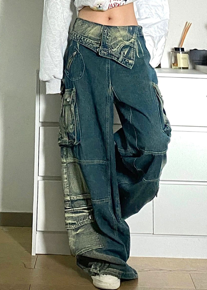 Chic Blue Pockets Patchwork Denim Fall Pants High Waist