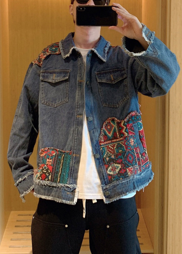 Chic Blue Pockets Patchwork Denim Mens Coats Fall