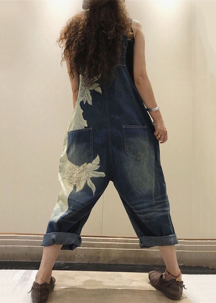 Chic Blue Print Pockets High Waist Denim Jumpsuit Sleeveless