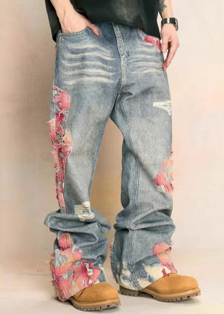 Chic Blue Print Pockets High Waist Denim Pants Fall