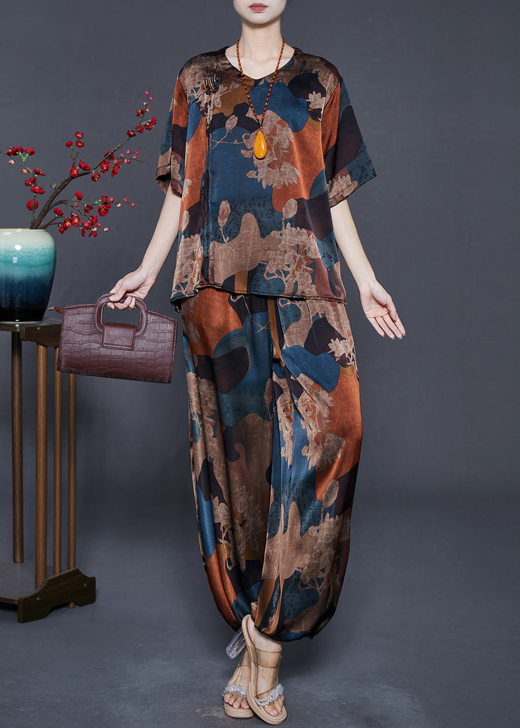 Chic Blue Print Silk Women Sets 2 Pieces Oversized Summer