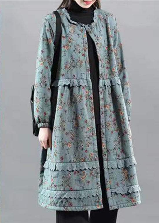 Chic Blue Ruffled Lace Patchwork Warm Fleece Coat Fall