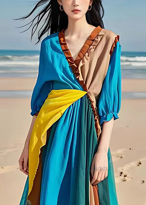 Chic Blue Ruffled Patchwork Cotton Long Dresses Half Sleeve