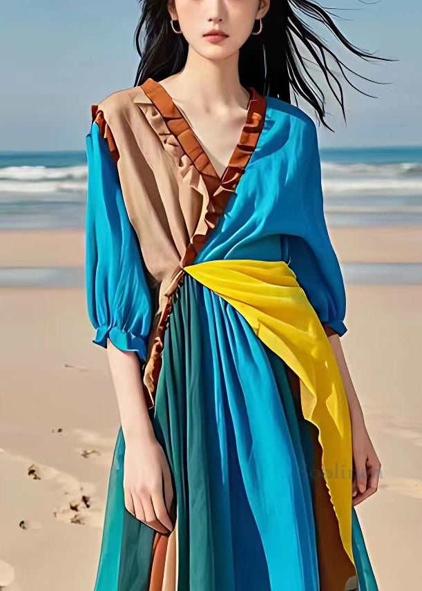 Chic Blue Ruffled Patchwork Cotton Long Dresses Half Sleeve