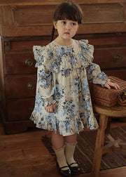 Chic Blue Ruffled Patchwork Kids Vacation Long Dresses Fall
