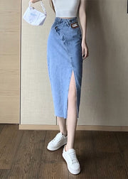 Chic Blue Side Open Asymmetrical Patchwork Denim Maxi Skirts Summer