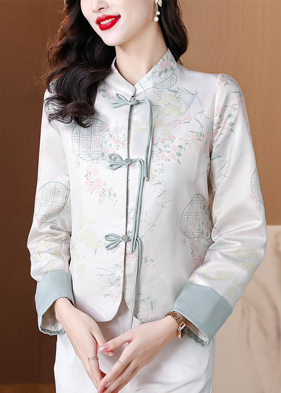 Chic Blue Stand Collar Print Button Silk Coats Fall