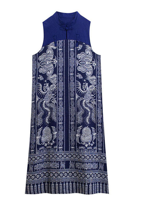 Chic Blue Stand Collar Print Patchwork Cotton Summer Dress Sleeveless