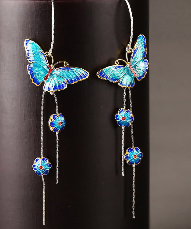 Chic Blue Sterling Silver Cloisonne Butterfly Floral Drop Earrings