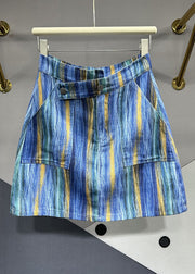 Chic Blue Striped Asymmetrical Pockets Patchwork Denim Skirts Summer