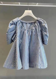 Chic Blue Striped Cotton Shirts Puff Sleeve