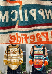 Chic Blue Striped Letter Cotton Knit Sweaters Men Winter