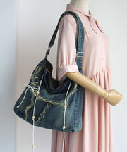 Chic Blue Tassel Patchwork Denim Messenger Bag