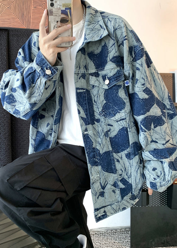 Chic Blue Tie Dye Button Denim Men Coat Fall