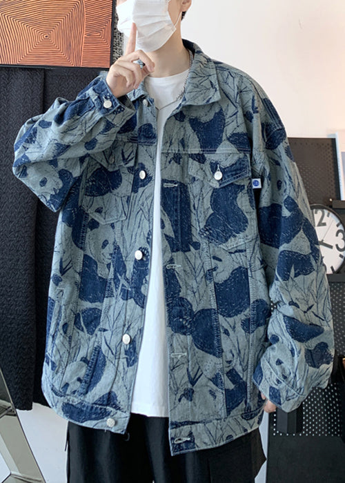 Chic Blue Tie Dye Button Denim Men Coat Fall