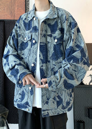 Chic Blue Tie Dye Button Denim Men Coat Fall