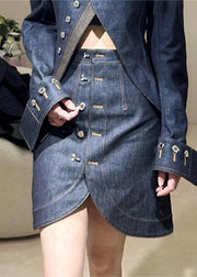 Chic Blue Turtleneck Asymmetrical Patchwork Denim Coats And Skirts Two Pieces Set Fall