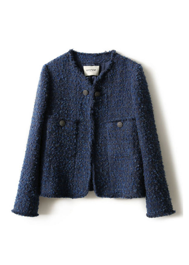 Chic Blue V Neck Button Pockets Ma Hai mao Coat Long Sleeve