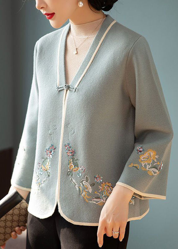 Chic Blue V Neck Embroideried Woolen Coats Long Sleeve