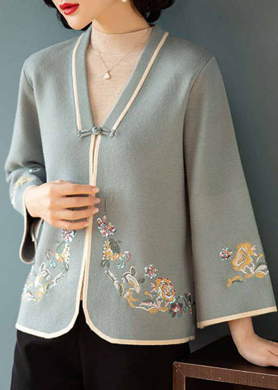 Chic Blue V Neck Embroideried Woolen Coats Long Sleeve