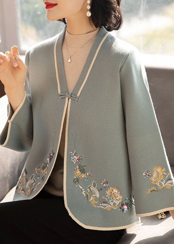 Chic Blue V Neck Embroideried Woolen Coats Long Sleeve