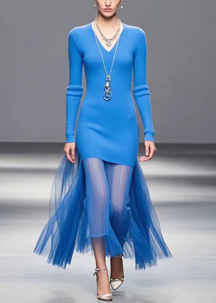 Chic Blue V Neck Patchwork Tulle Knitted Dress Fall