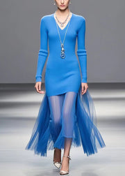 Chic Blue V Neck Patchwork Tulle Knitted Dress Fall