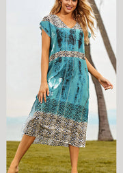 Chic Blue V Neck Print Side Open Maxi Beach Dresses Summer