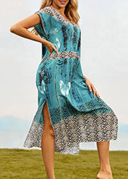 Chic Blue V Neck Print Side Open Maxi Beach Dresses Summer