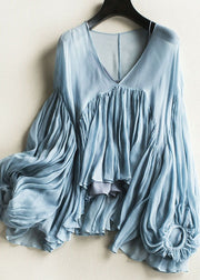 Chic Blue Wrinkled Chiffon Shirt And Spaghetti Strap Two Pieces Set Lantern Sleeve