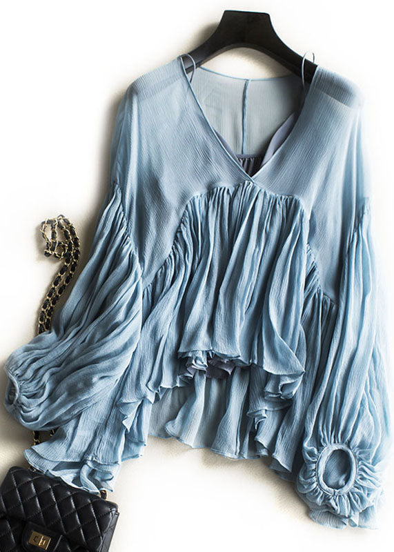 Chic Blue Wrinkled Chiffon Shirt And Spaghetti Strap Two Pieces Set Lantern Sleeve