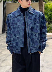 Chic Blue Zip Up Patchwork Denim Mens Coats Fall