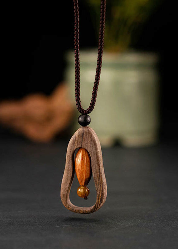 Chic Brown Cotton 45% Linen 55% Sandwood Pendant Necklace