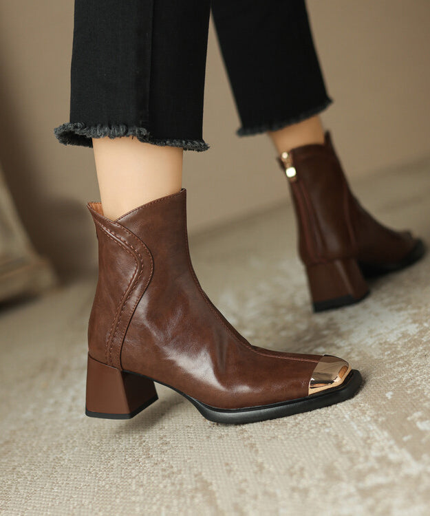 Chic Brown Cowhide Leather Zippered Splicing Chunky Heel Boots