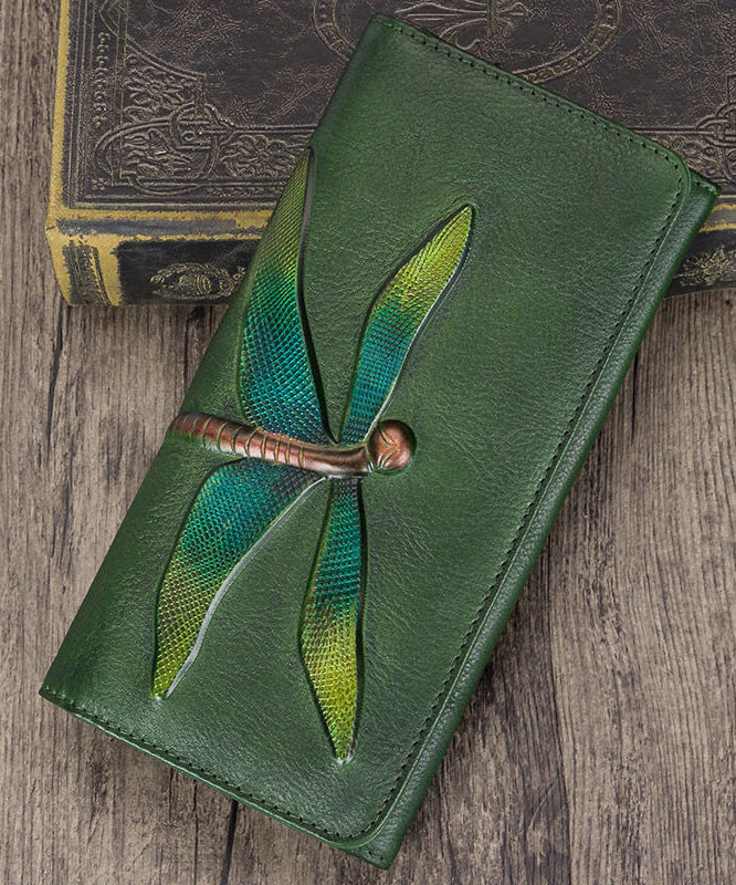 Chic Brown Dragonfly Embossed Calf Leather Wallet Purse